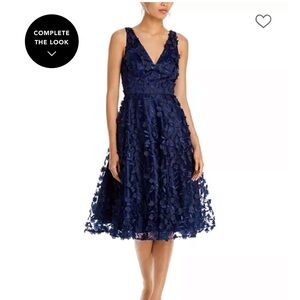 NEW Eliza J. Navy Floral Appliqué Sequin Tulle Fit & Flare V-Neck Dress Size 6